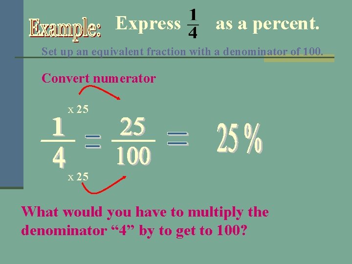 Express as a percent. Set up an equivalent fraction with a denominator of 100.