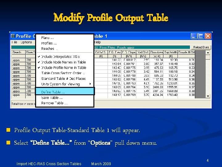 Modify Profile Output Table n n Profile Output Table-Standard Table 1 will appear. Select