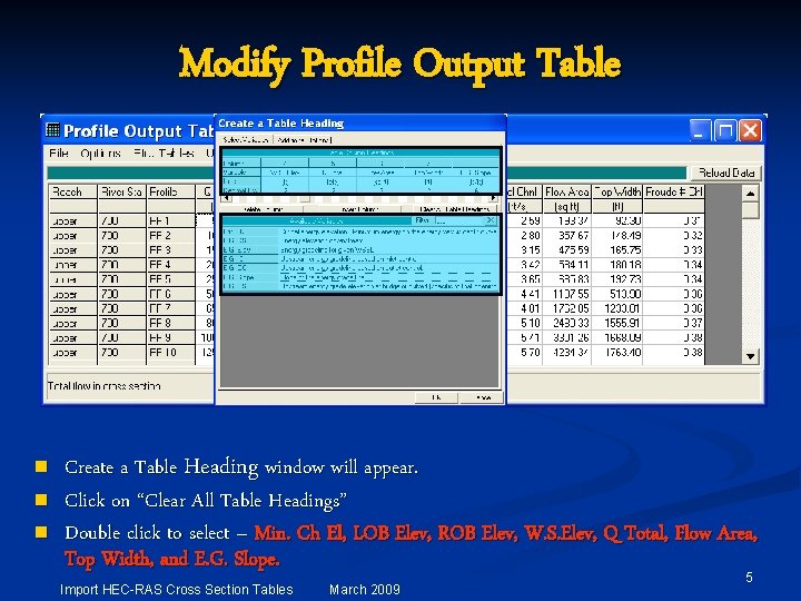 Modify Profile Output Table n n n Create a Table Heading window will appear.