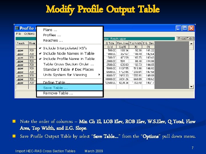 Modify Profile Output Table n n Note the order of columns – Min Ch