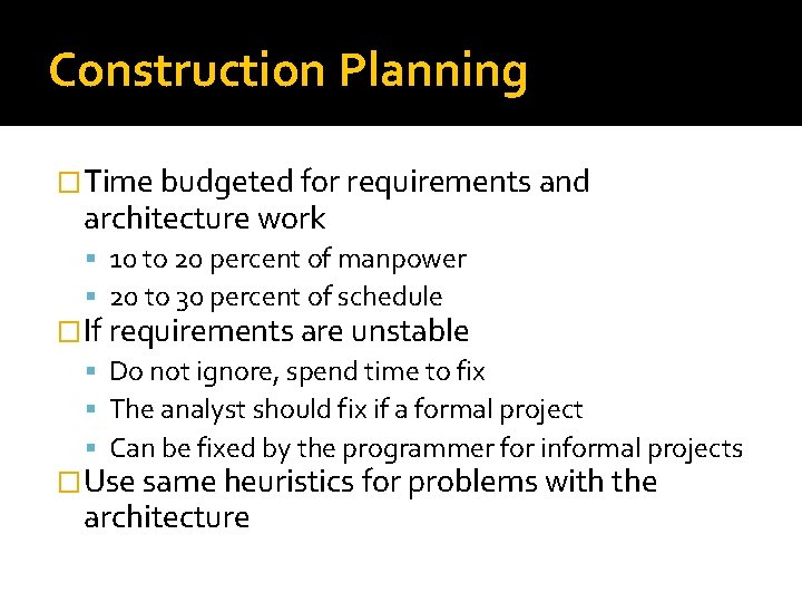 Construction Planning �Time budgeted for requirements and architecture work 10 to 20 percent of Construction Planning �Time budgeted for requirements and architecture work 10 to 20 percent of