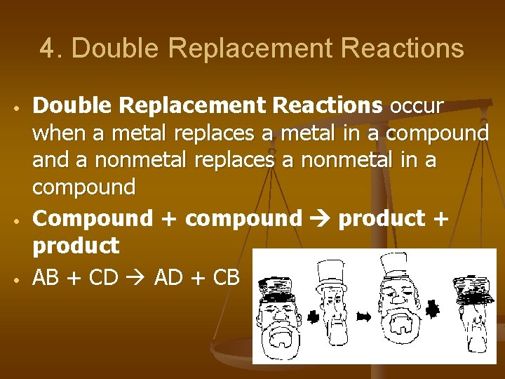 4. Double Replacement Reactions • • • Double Replacement Reactions occur when a metal