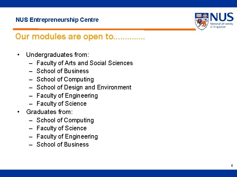 NUS Entrepreneurship Centre Our modules are open to…………. . • Undergraduates from: – Faculty