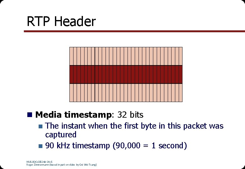 RTP Header n Media timestamp: 32 bits n The instant when the first byte