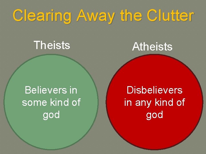 Clearing Away the Clutter Theists Believers in some kind of god Atheists Disbelievers in