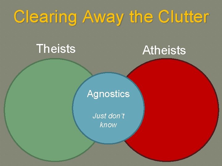 Clearing Away the Clutter Theists Atheists Agnostics Just don’t know 