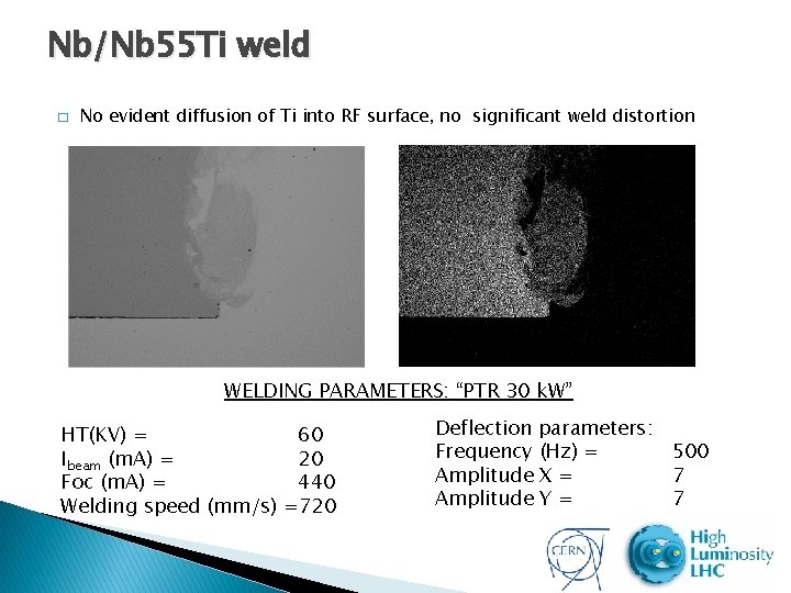 Nb/Nb 55 Ti weld � No evident diffusion of Ti into RF surface, no