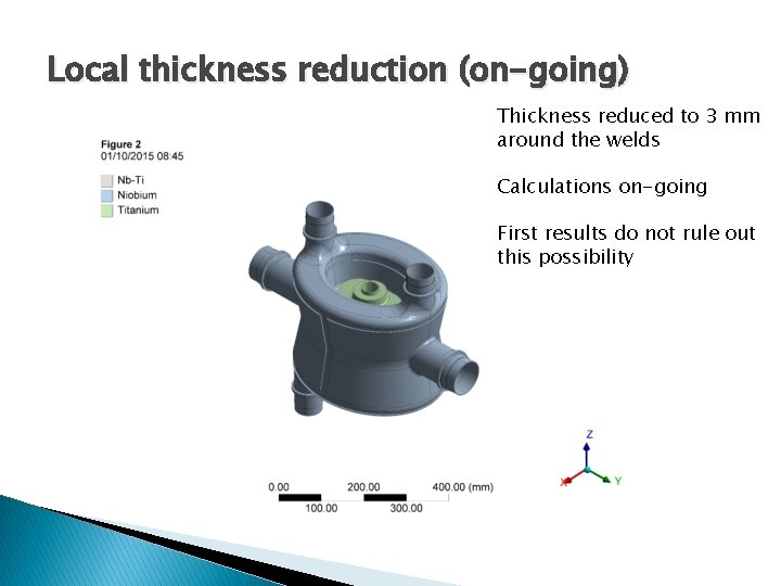Local thickness reduction (on-going) Thickness reduced to 3 mm around the welds Calculations on-going