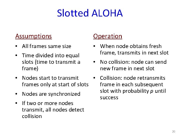 Slotted ALOHA Assumptions Operation • All frames same size • When node obtains fresh