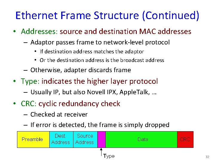 Ethernet Frame Structure (Continued) • Addresses: source and destination MAC addresses – Adaptor passes