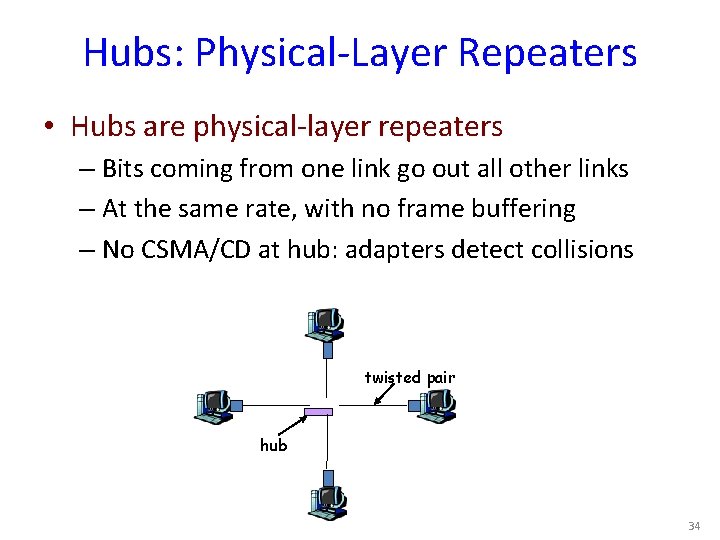 Hubs: Physical-Layer Repeaters • Hubs are physical-layer repeaters – Bits coming from one link