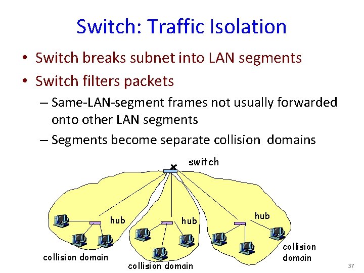 Switch: Traffic Isolation • Switch breaks subnet into LAN segments • Switch filters packets