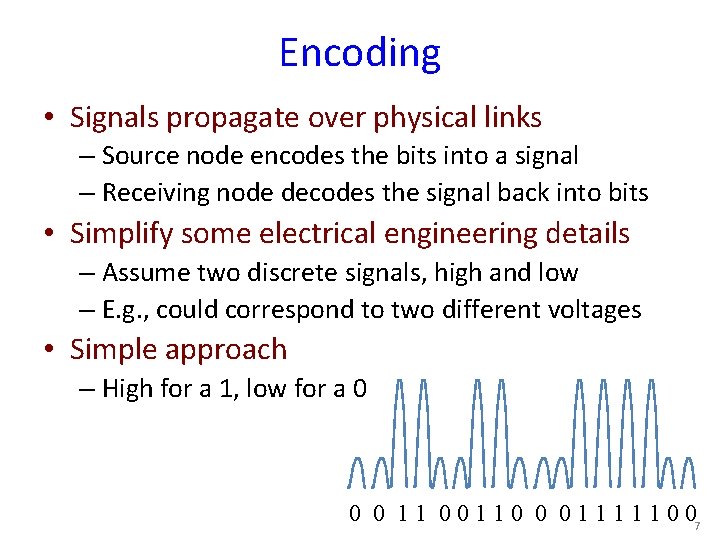 Encoding • Signals propagate over physical links – Source node encodes the bits into