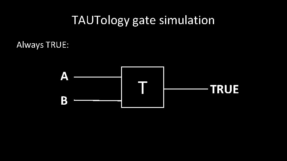 TAUTology gate simulation Always TRUE: A B T TRUE 