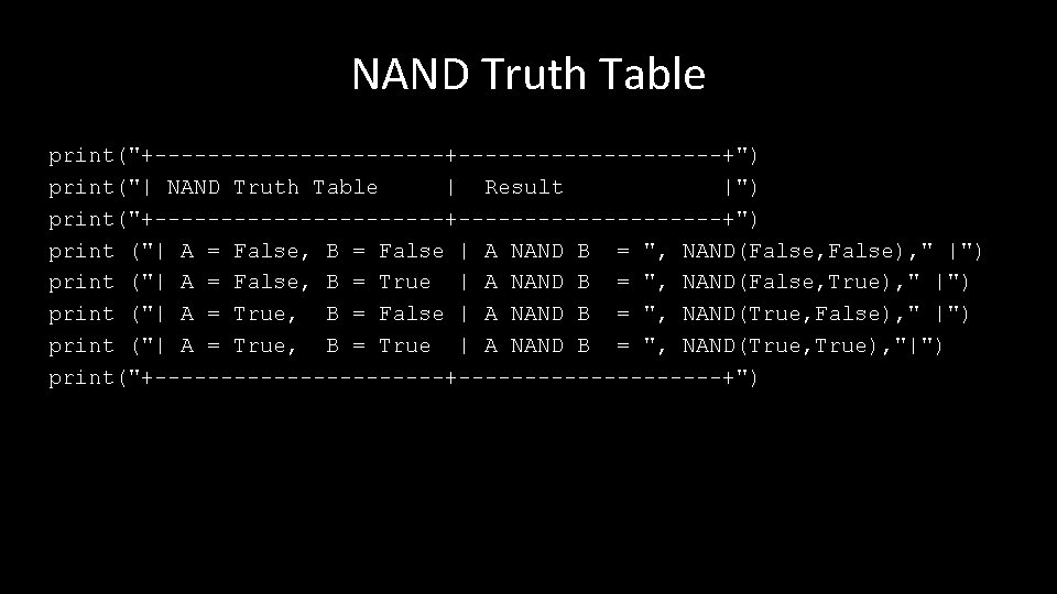 NAND Truth Table print("+-----------+----------+") print("| NAND Truth Table | Result |") print("+-----------+----------+") print ("|
