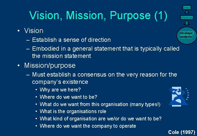Vision, Mission, Purpose (1) Objectives • Vision – Establish a sense of direction –