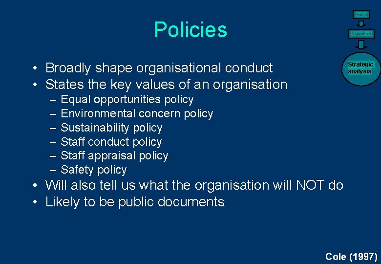 Vision Policies Objectives • Broadly shape organisational conduct • States the key values of