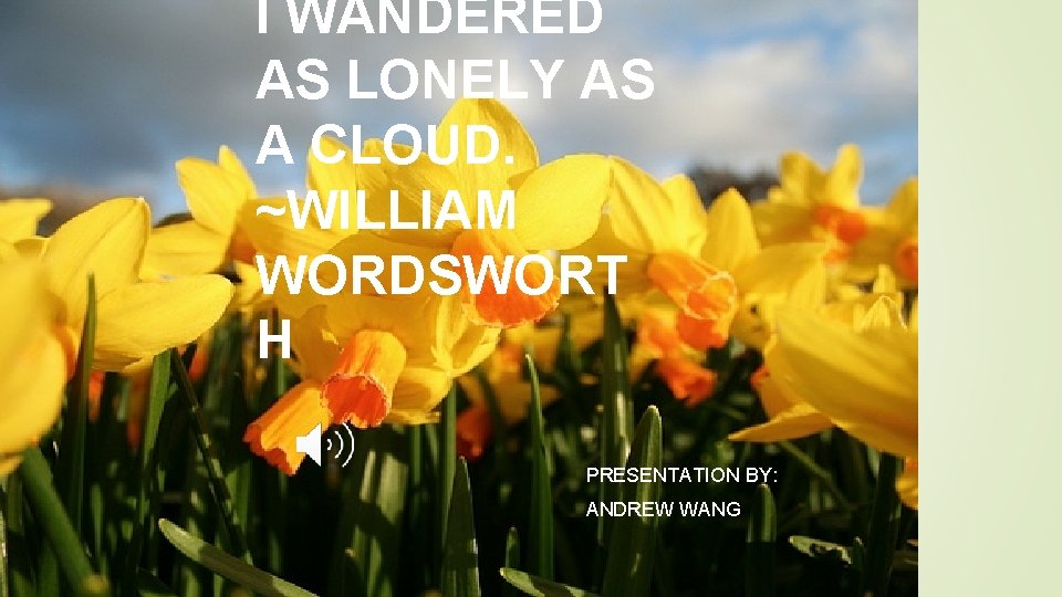 I WANDERED AS LONELY AS A CLOUD. ~WILLIAM WORDSWORT H PRESENTATION BY: ANDREW WANG
