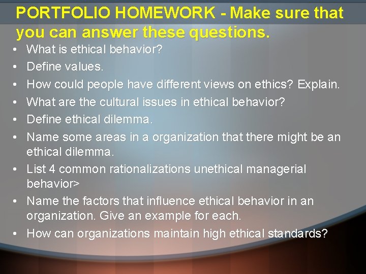 PORTFOLIO HOMEWORK - Make sure that you can answer these questions. • • • PORTFOLIO HOMEWORK - Make sure that you can answer these questions. • • •