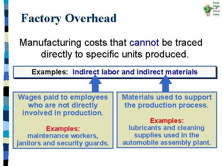 Next Page Click Here Factory Overhead Manufacturing costs that cannot be traced directly to Next Page Click Here Factory Overhead Manufacturing costs that cannot be traced directly to
