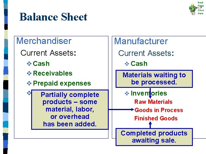 Next Page Click Here Balance Sheet Merchandiser Current Assets: v Cash v Receivables v Next Page Click Here Balance Sheet Merchandiser Current Assets: v Cash v Receivables v