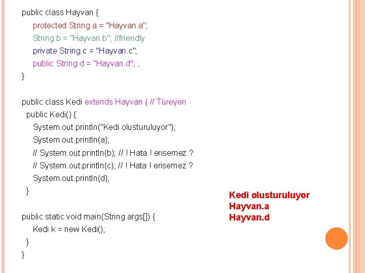 public class Hayvan { protected String a = "Hayvan. a"; String b = "Hayvan.