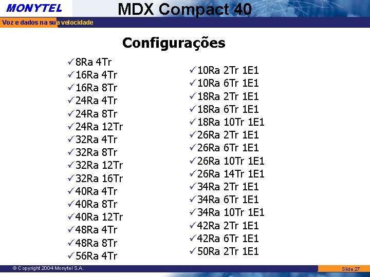 MONYTEL MDX Compact 40 Voz e dados na sua velocidade Configurações ü 8 Ra MONYTEL MDX Compact 40 Voz e dados na sua velocidade Configurações ü 8 Ra