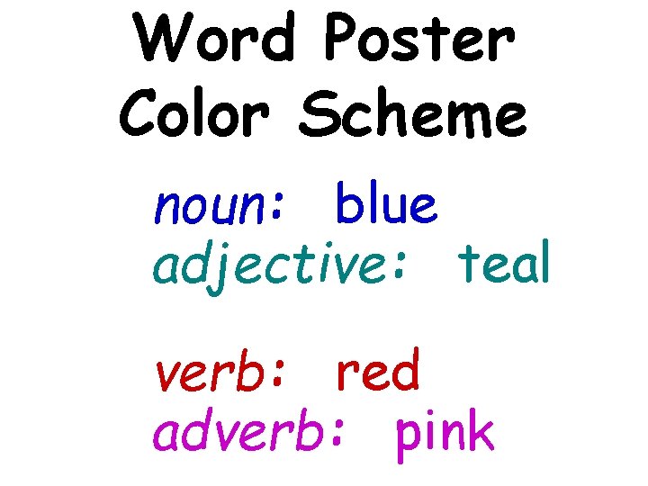 Word Poster Color Scheme noun: blue adjective: teal verb: red adverb: pink 