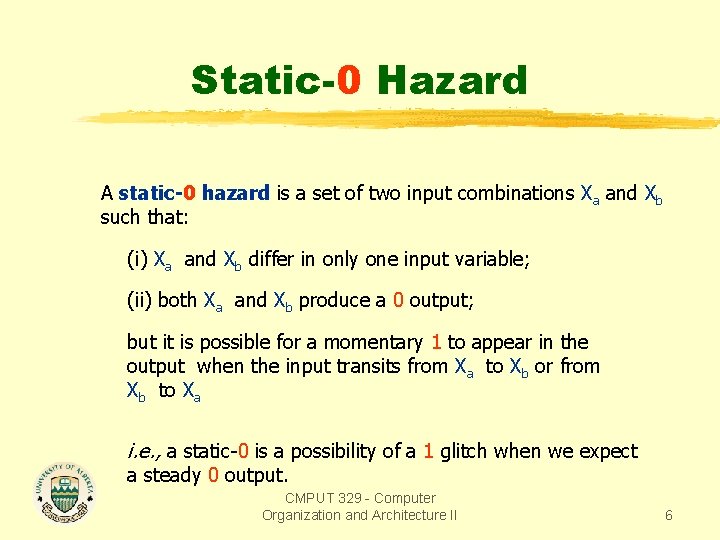 Static-0 Hazard A static-0 hazard is a set of two input combinations Xa and