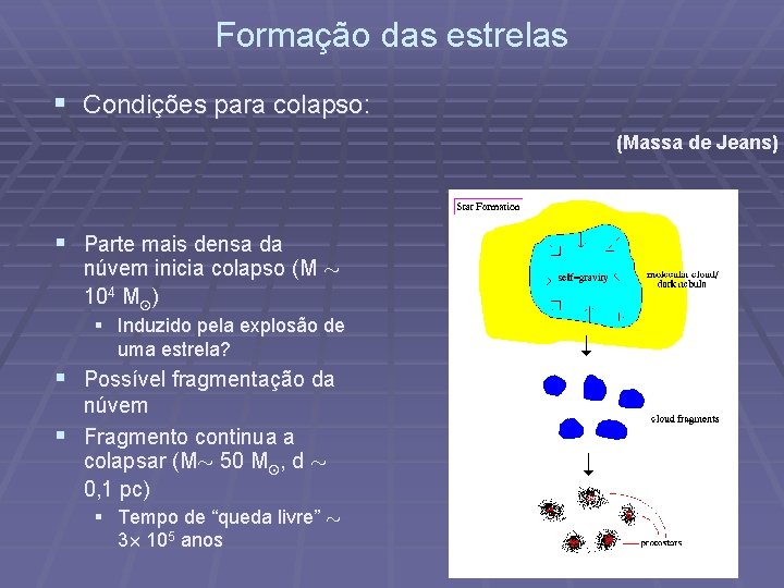 Formação das estrelas § Condições para colapso: (Massa de Jeans) § Parte mais densa