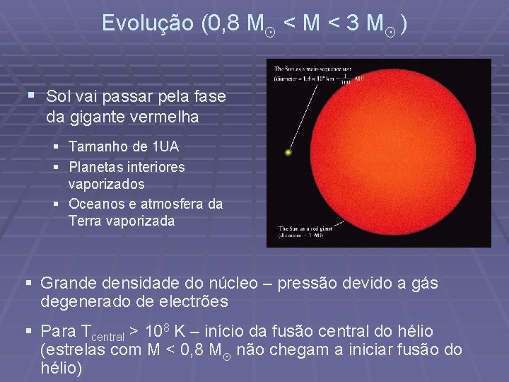 Evolução (0, 8 M¯ < M < 3 M¯ ) § Sol vai passar