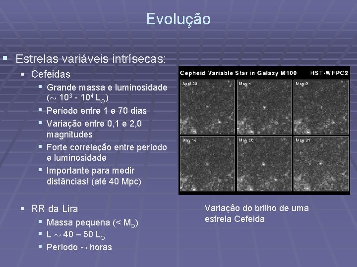 Evolução § Estrelas variáveis intrísecas: § Cefeidas § Grande massa e luminosidade § §