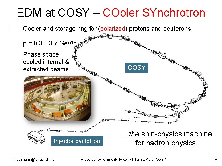 EDM at COSY – COoler SYnchrotron Cooler and storage ring for (polarized) protons and