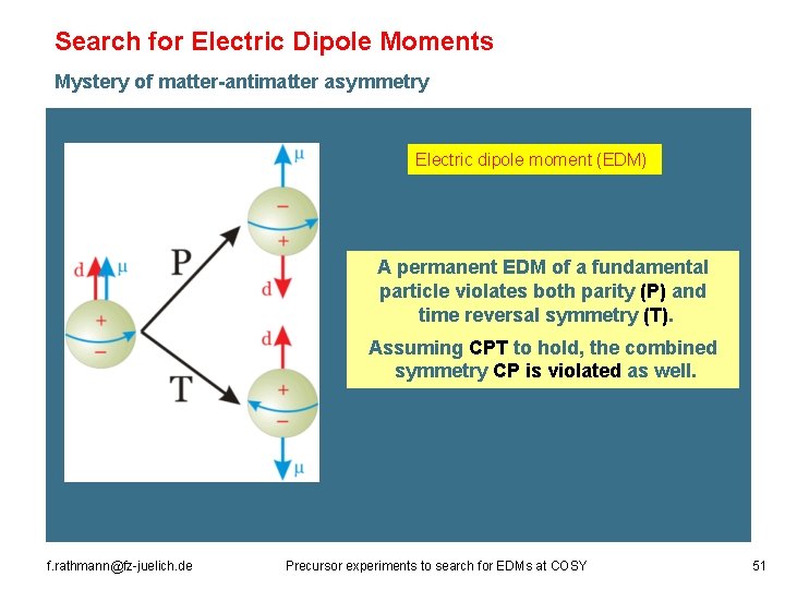 Search for Electric Dipole Moments Mystery of matter-antimatter asymmetry Electric dipole moment (EDM) A