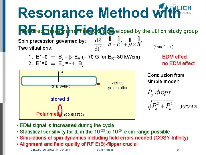 Resonance Method with RF E(B) Fields First direct measurement in COSY developed by the