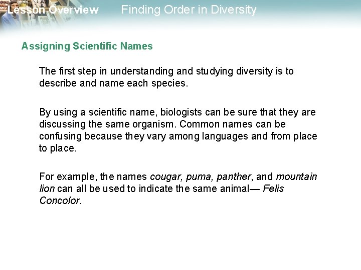 Lesson Overview Finding Order in Diversity Assigning Scientific Names The first step in understanding