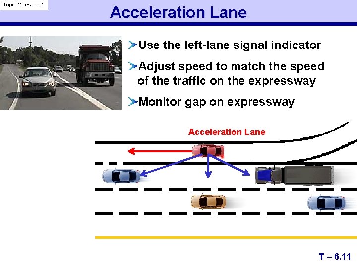 Topic 2 Lesson 1 Acceleration Lane Use the left-lane signal indicator Adjust speed to