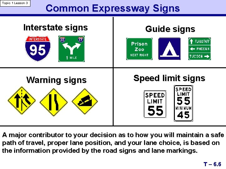 Topic 1 Lesson 3 Common Expressway Signs Interstate signs Guide signs Warning signs Speed
