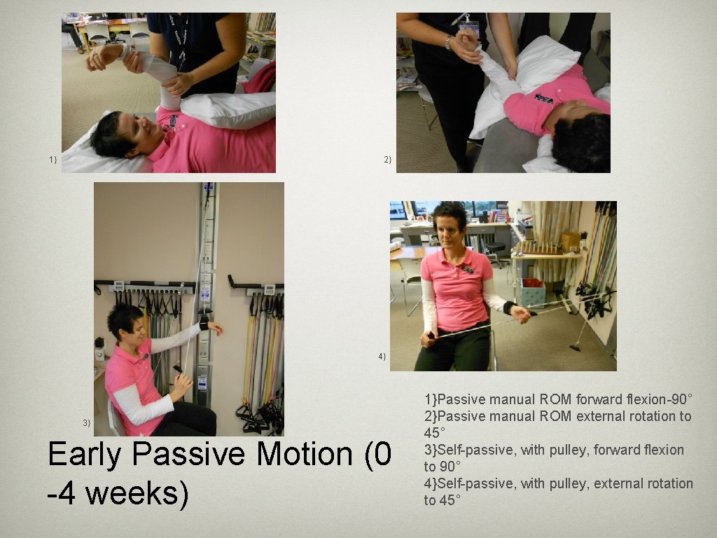 1} 2} 4} 3} Early Passive Motion (0 -4 weeks) 1}Passive manual ROM forward