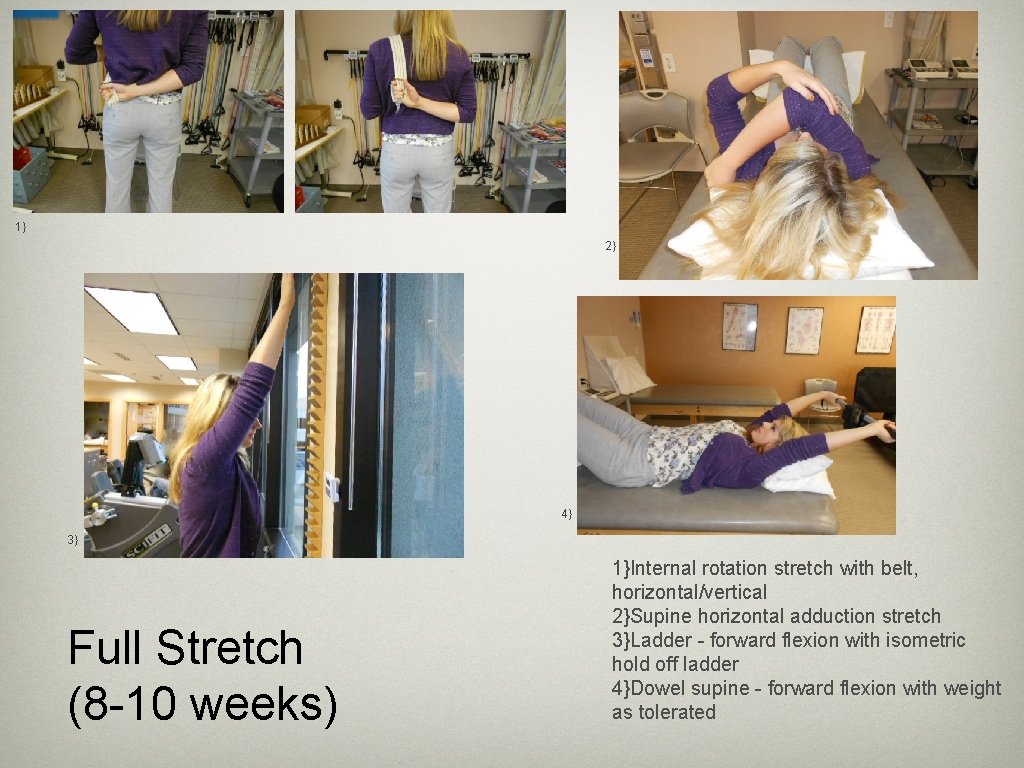1} 2} 4} 3} Full Stretch (8 -10 weeks) 1}Internal rotation stretch with belt,