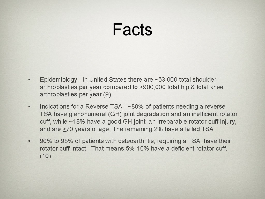 Facts • Epidemiology - in United States there are ~53, 000 total shoulder arthroplasties