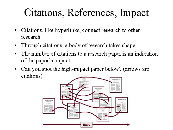 Citations, References, Impact • Citations, like hyperlinks, connect research to other research • Through