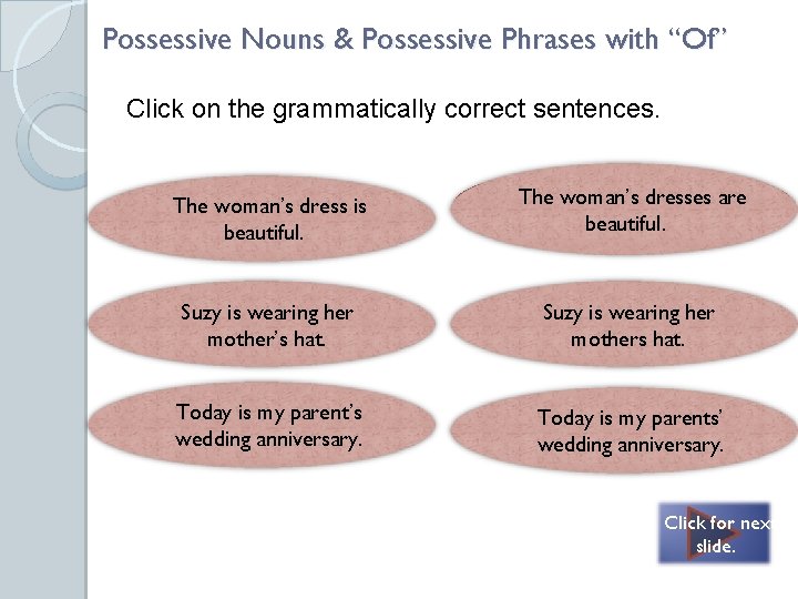 Possessive Nouns & Possessive Phrases with “Of” Click on the grammatically correct sentences. Both
