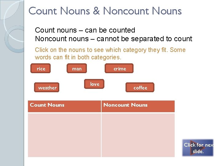 Count Nouns & Noncount Nouns Count nouns – can be counted Noncount nouns –