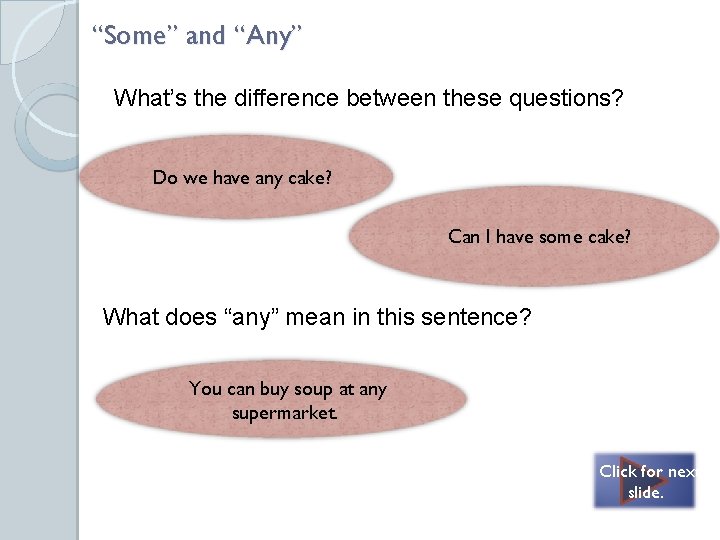 “Some” and “Any” What’s the difference between these questions? Use “any” when you expect