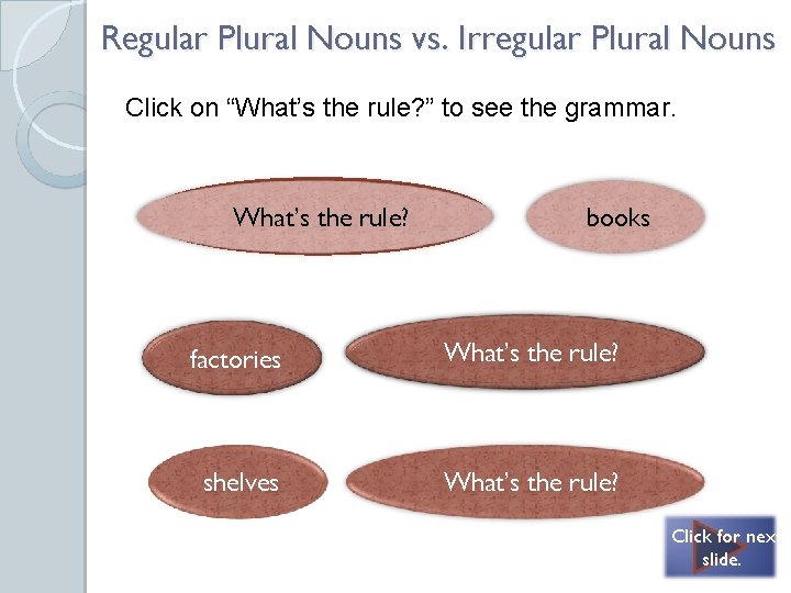 Regular Plural Nouns vs. Irregular Plural Nouns Click on “What’s the rule? ” to