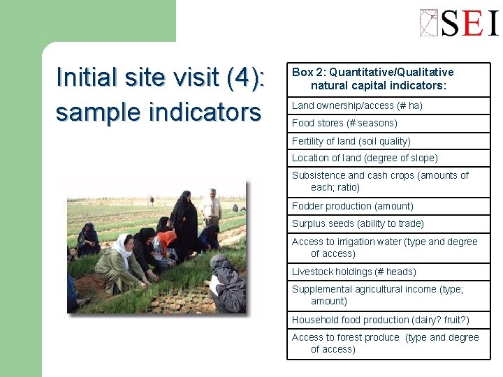 Initial site visit (4): sample indicators Box 2: Quantitative/Qualitative natural capital indicators: Land ownership/access