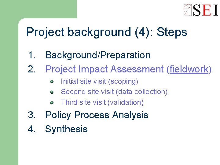 Project background (4): Steps 1. Background/Preparation 2. Project Impact Assessment (fieldwork) Initial site visit