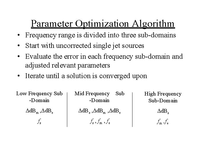 Parameter Optimization Algorithm • Frequency range is divided into three sub-domains • Start with