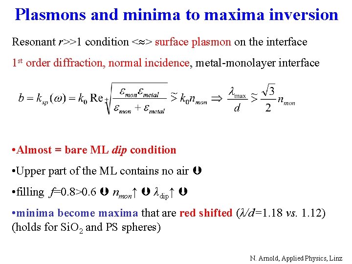 Plasmons and minima to maxima inversion Resonant r>>1 condition < > surface plasmon on